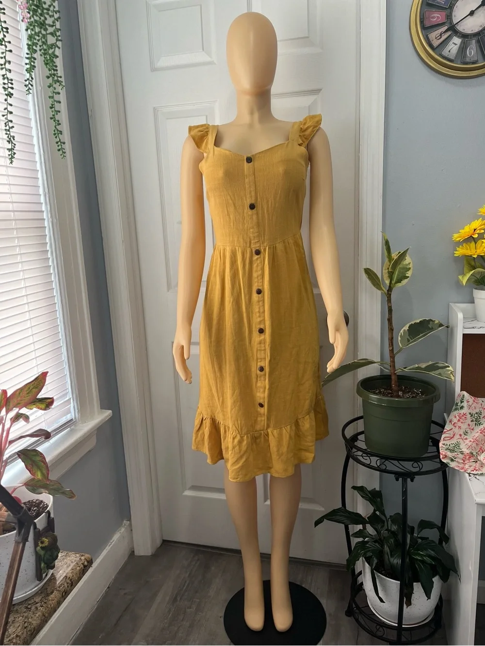 Women’s Mustard Ruffle Button-Front Dress - Picture 1 of 5